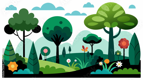 cartoon loony tunes style forest landscape, several kinds of beautiful trees, vector