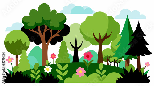 cartoon loony tunes style forest landscape, several kinds of beautiful trees, vector