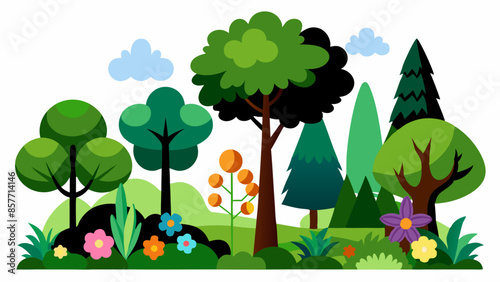 cartoon loony tunes style forest landscape, several kinds of beautiful trees, vector