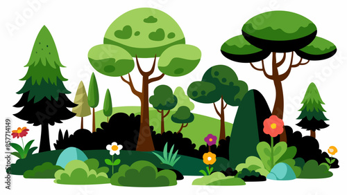 cartoon loony tunes style forest landscape, several kinds of beautiful trees, vector