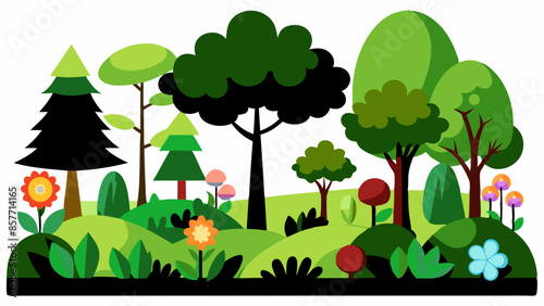 cartoon loony tunes style forest landscape, several kinds of beautiful trees, vector
