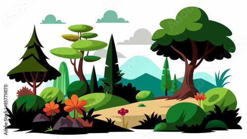 cartoon loony tunes style forest landscape, several kinds of beautiful trees, vector