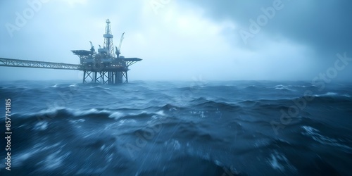 High-quality footage of an oil or gas rig in the ocean during a storm. Concept Offshore oil rig, Stormy ocean, Industrial equipment, Extreme weather, Harsh conditions photo