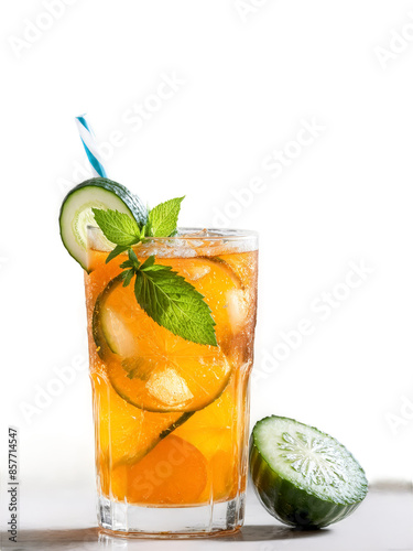 British Pimm s tall glass of Pimm s No Cup garnished with cucumber slices sprig photo