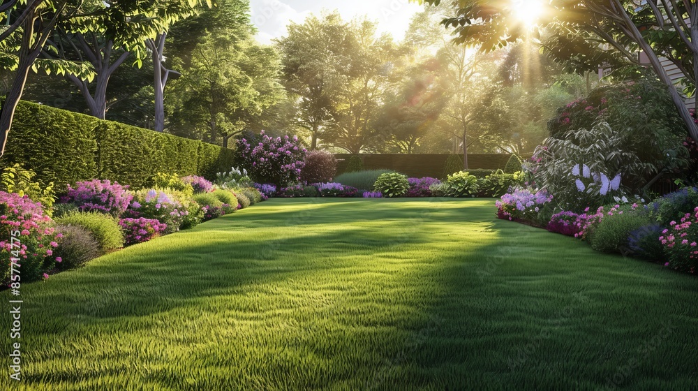 Obraz premium Lush English Garden with Freshly Mowed Lawn, Flower Bed, and Leafy Trees