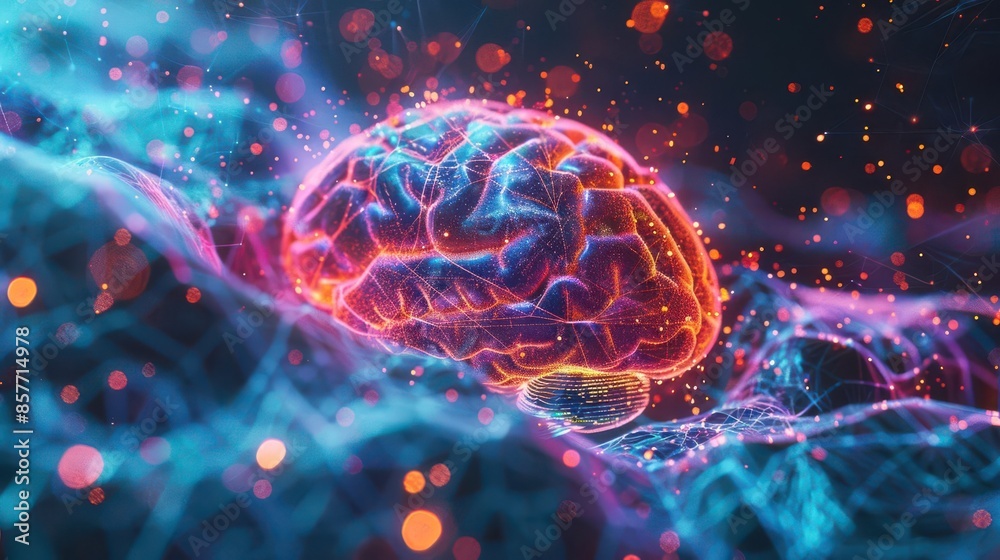 Neural network visualized as a glowing brain Neural network visualized as a glowing brain