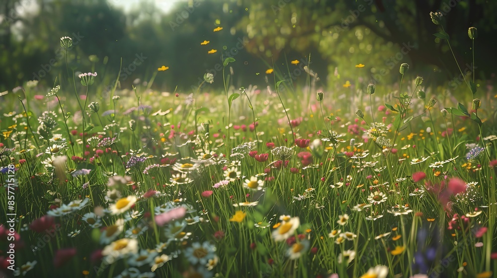 Field of Vibrant Wildflowers Blooming Under Clear Blue Sky Field of Vibrant Wildflowers Blooming Under Clear Blue Sky