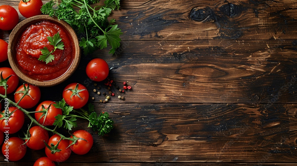A rustic wooden table hosts a bowl of rich tomato ketchup, surrounded by fresh tomatoes and vibrant parsley leaves. The composition offers ample copyspace, ideal for culinary themes and restaurant A rustic wooden table hosts a bowl of rich tomato ketchup, surrounded by fresh tomatoes and vibrant parsley leaves. The composition offers ample copyspace, ideal for culinary themes and restaurant