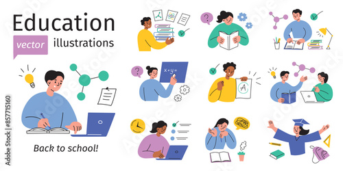Education vector illustrations, set of school children and teachers. Studying, exams, homework, classroom activities. Students reading, writing, doing science, math. Back to school collection