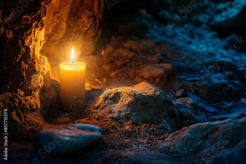 A single candle burning brightly in a dark cave, casting light on a hidden treasure