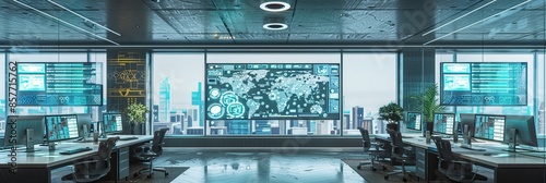 A modern, high-tech marketing office featuring large screens displaying AI algorithms analyzing user behavior and optimizing advertising campaigns. Generative AI
