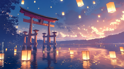 A Japanese shrine on the lake and a lantern scene on the water, illustration photo