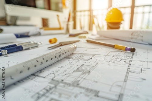 Architect s desk with blueprint and technical drawing for design planning process photo