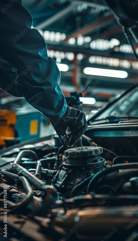 Skilled technician s expert hands at work in auto service center performing car repairs Skilled technician s expert hands at work in auto service center performing car repairs