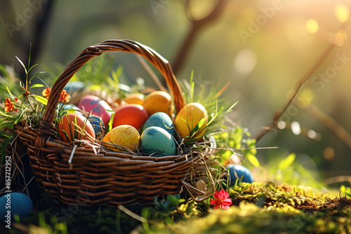 Colorful Easter eggs in basket on green grass. © Micro