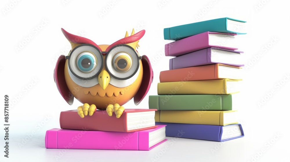 Cute cartoon owl next to a pile of books isolated on white background. 3D illustration. Cute cartoon owl next to a pile of books isolated on white background. 3D illustration.