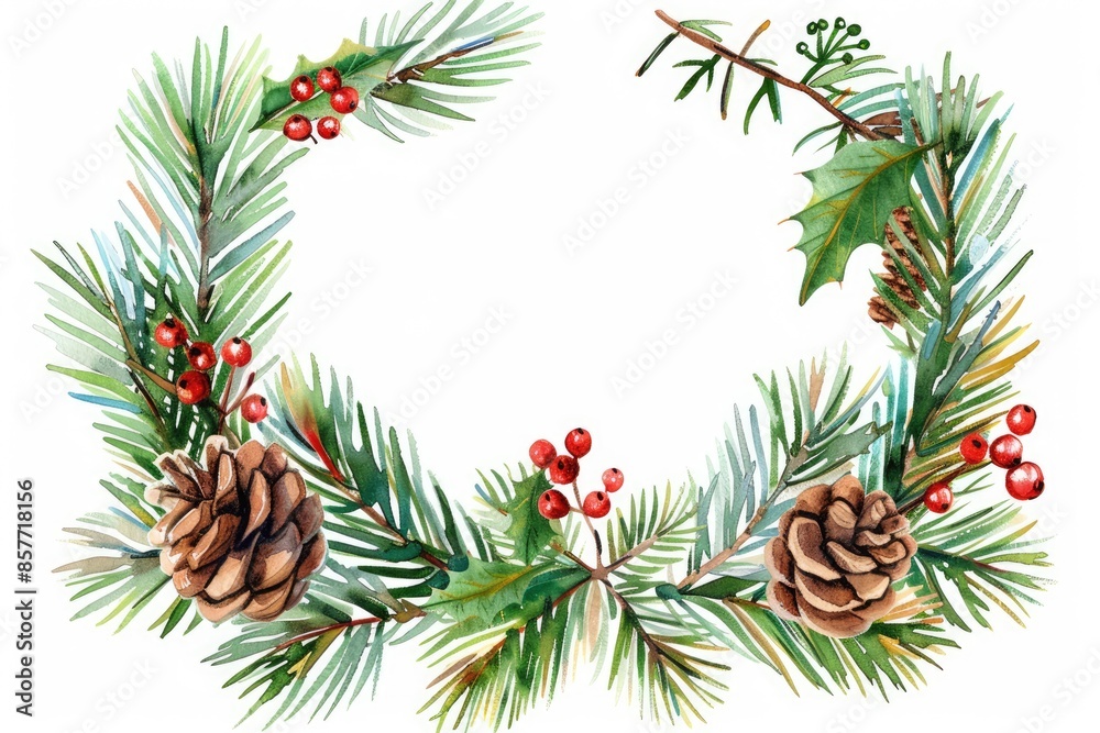 Festive wreath with pinecones, holly, and berries, perfect for holiday decorations and seasonal greeting cards.