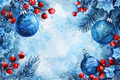 Festive winter background with blue Christmas ornaments, holly berries, and pine branches. Ideal for holiday greetings and seasonal decorations.