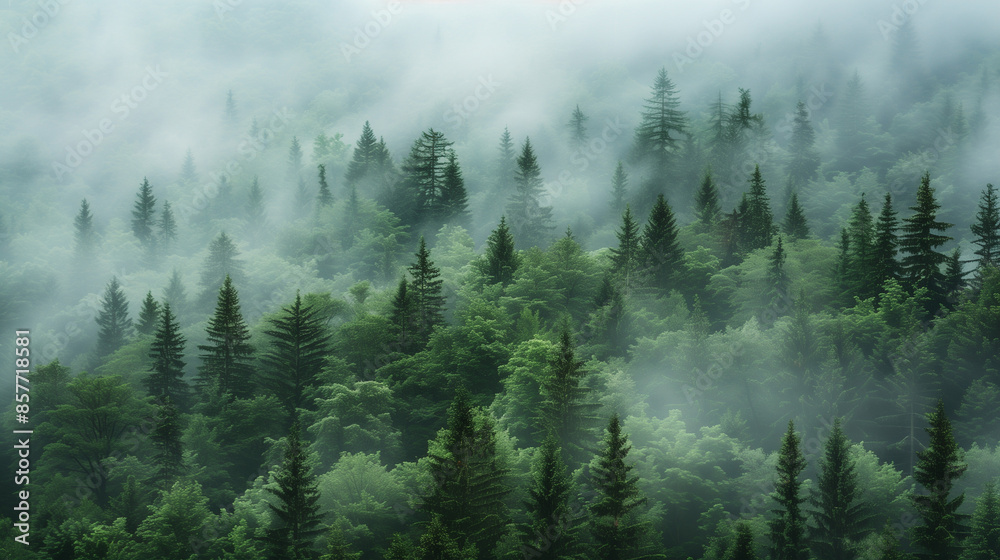 Beautiful Misty green fir forest landscape high angel drone view Beautiful Misty green fir forest landscape high angel drone view