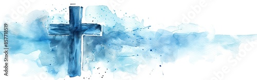 Watercolor blue religious background white cross on blue background