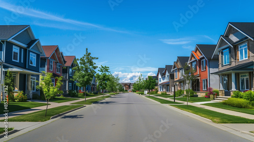 Rows of American suburban houses with clear blue sky and wide driveway road 