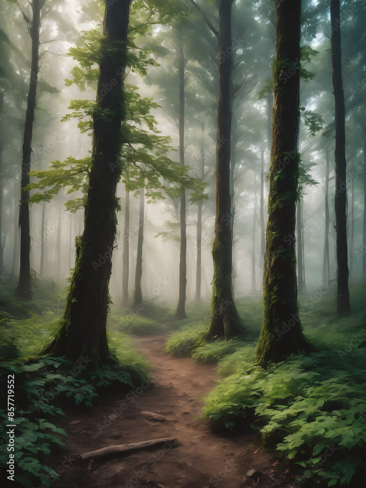 Obraz premium Capture the serene beauty of a forest in the early morning. Mist hangs low to the ground, with sunlight piercing through the trees, creating a mystical atmosphere.