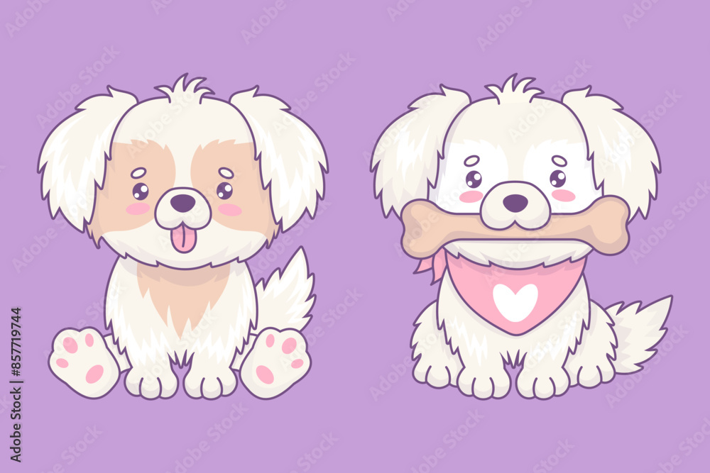 Cute white fluffy dog with tongue hanging out and with big bone in his mouth. Funny cartoon kawaii pet. Vector illustration. Isolated animals. Kids collection Cute white fluffy dog with tongue hanging out and with big bone in his mouth. Funny cartoon kawaii pet. Vector illustration. Isolated animals. Kids collection