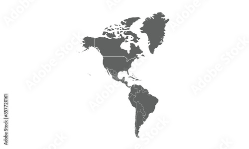 Map of north and south america isolated on white background. for website layouts, background, education, precise, customizable, Travel worldwide, map silhouette backdrop, earth geography, political.