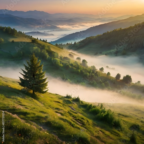 wonderful morning summer view, spectacular sunrise slope with tree on background foggy valley, Romania, Marmarosy range Generative AI  photo