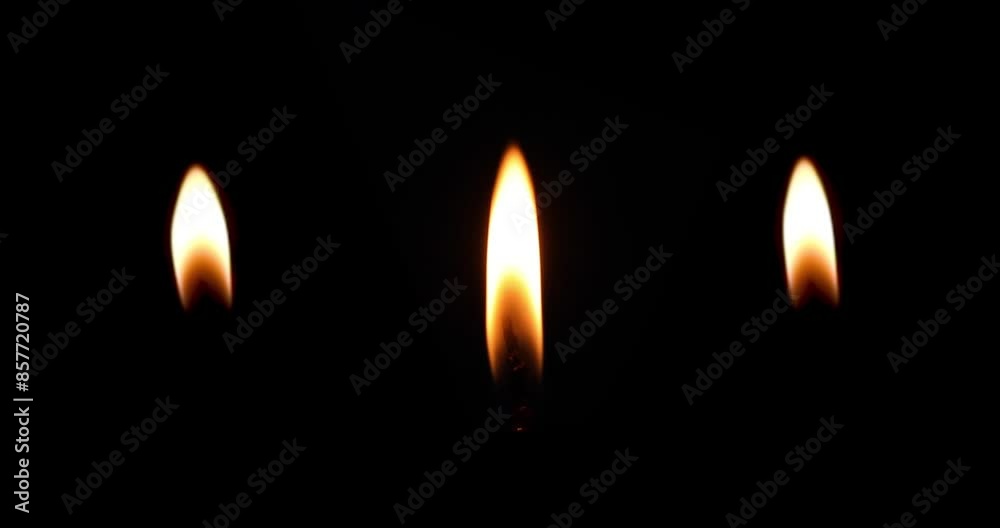 Set of flames of burning candles isolated on a black background