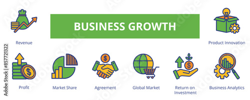 Business Growth Lineal Color Banner Web Icon Set Vector Illustration, Revenue Profit Market Share Agreement Global Market Return on Investment Business Analytics Product Innovation