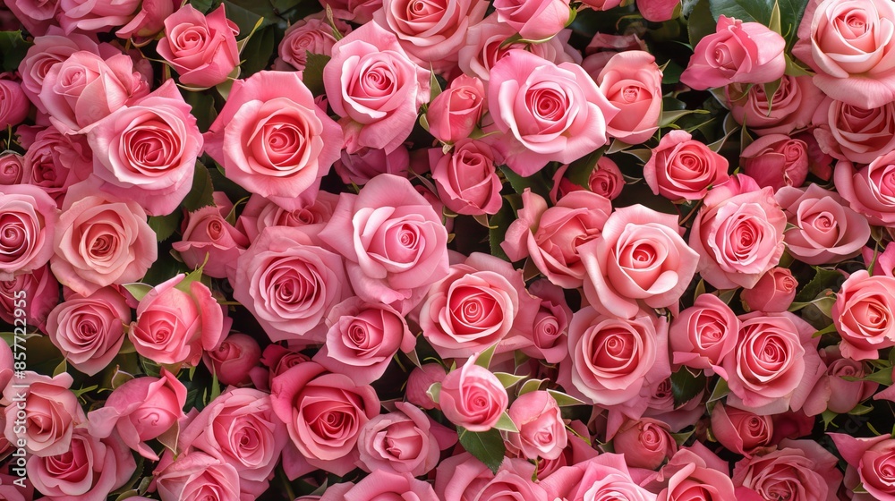 Fototapeta premium Soft Pink Roses in Full Bloom Displaying Delicate Petals and Lush Greenery