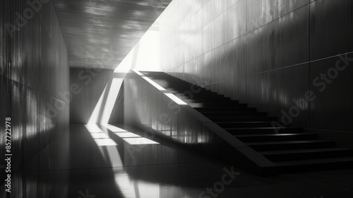 Abstract Black and White Architectural Interior with Dramatic Lighting and Shadows