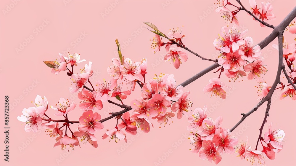Pink Spring Cherry Blossom Flowers on Tree Branch, Isolated on Flat Background - Floral Botanical Nature Scene Pink Spring Cherry Blossom Flowers on Tree Branch, Isolated on Flat Background - Floral Botanical Nature Scene