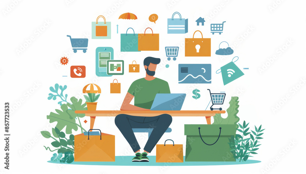 Strategic E-Commerce Campaign Planning - Business Professional Surrounded by Online Shopping Icons in Detailed Illustration Strategic E-Commerce Campaign Planning - Business Professional Surrounded by Online Shopping Icons in Detailed Illustration