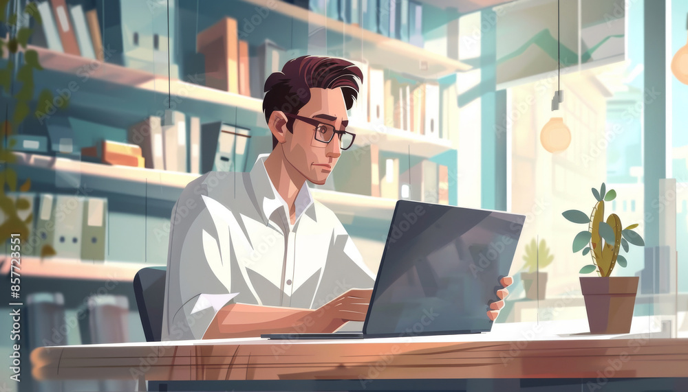Analyzing E-commerce Metrics: Business Professional with Laptop in Modern Office Setting Analyzing E-commerce Metrics: Business Professional with Laptop in Modern Office Setting