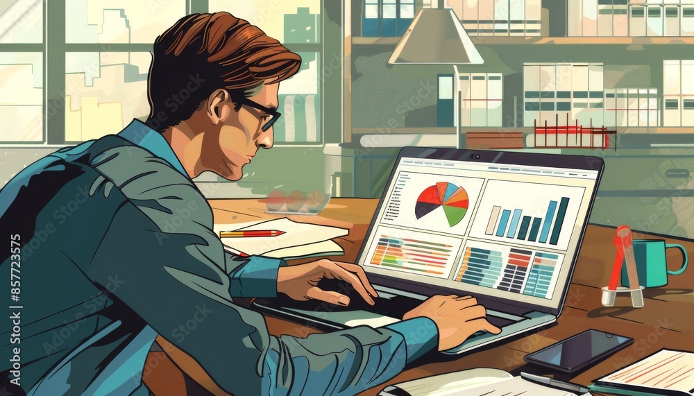 Analyzing E-commerce Metrics: Business Professional Working on Laptop in Modern Office Setting Analyzing E-commerce Metrics: Business Professional Working on Laptop in Modern Office Setting