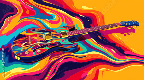 pop art 60s psychedelic colorful trippy retro style image of an electric guitar with music coming out of it in waves and dance party atmosphere background photo