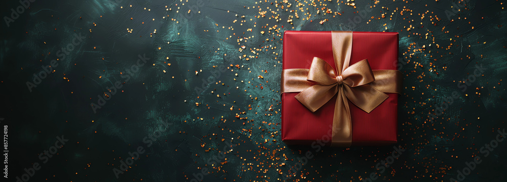 Dark red gift box with gold satin ribbon on dark background. Dark red gift box with gold satin ribbon on dark background.