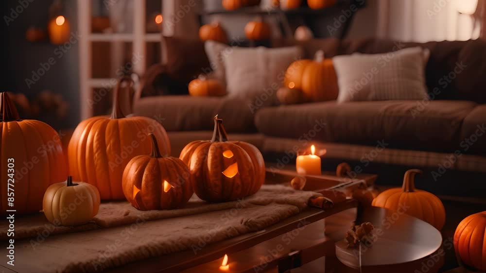Lit Pumpkins on Coffee Table Generative AI