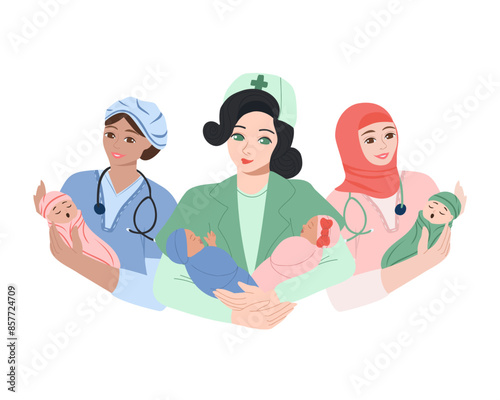 Three female doctors are holding babies. Vector hand drawn illustration. International Doctor Day banner design. Pediatricians taking care of newborn babies at the maternity hospital.