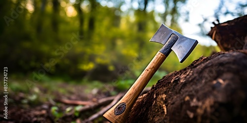 Closeup of an axe on a log in a rural setting. Concept Nature Photography, Outdoor Still Life, Woodland Scenes, Rustic Aesthetics, Countryside Themes