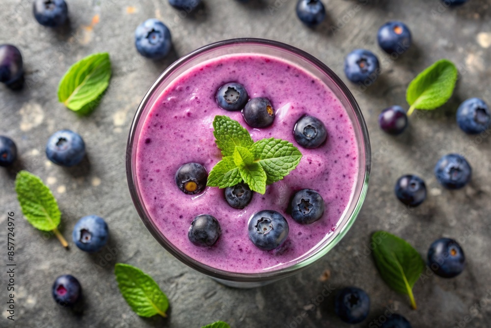 A glass of blueberry smoothie with a sprig of mint on top A glass of blueberry smoothie with a sprig of mint on top