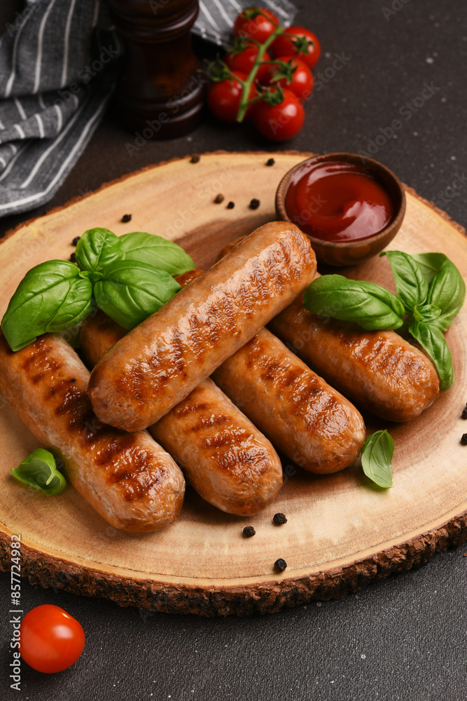 Grilled meat sausages on a wooden board Grilled meat sausages on a wooden board