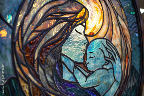 Stained Glass: Woman Holding Glowing Embryo, Symbol of Hope and New Life photo