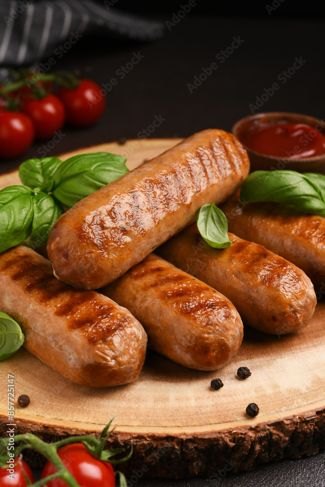 Grilled meat sausages on a wooden board
