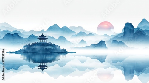 A beautiful landscape painting of a mountain and lake,Chinese Ink Painting.Generative AI