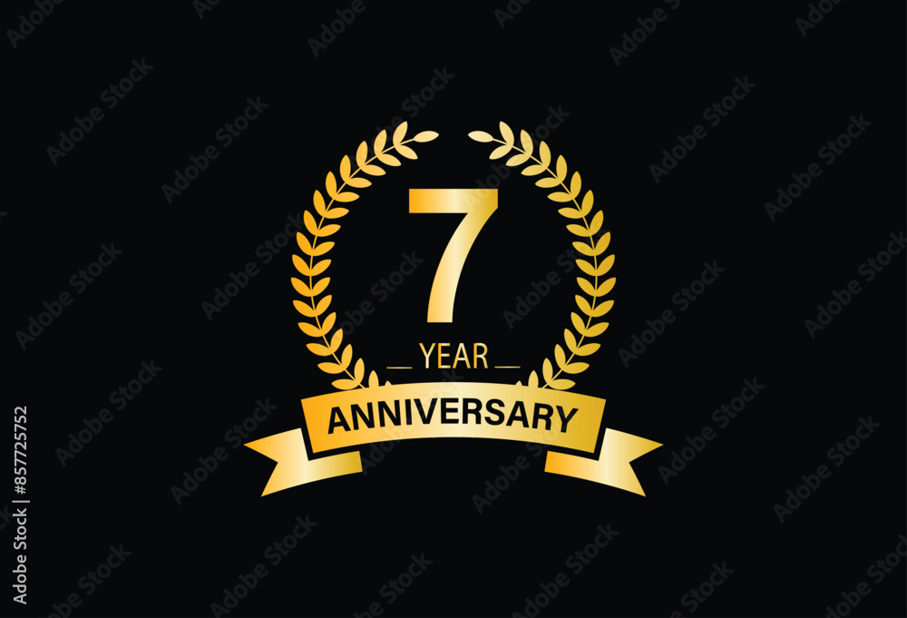 Φωτογραφία 7 years anniversary logo with golden ring and ribbon for booklet, leaflet, magazine, brochure poster, banner, web, invitation or greeting card