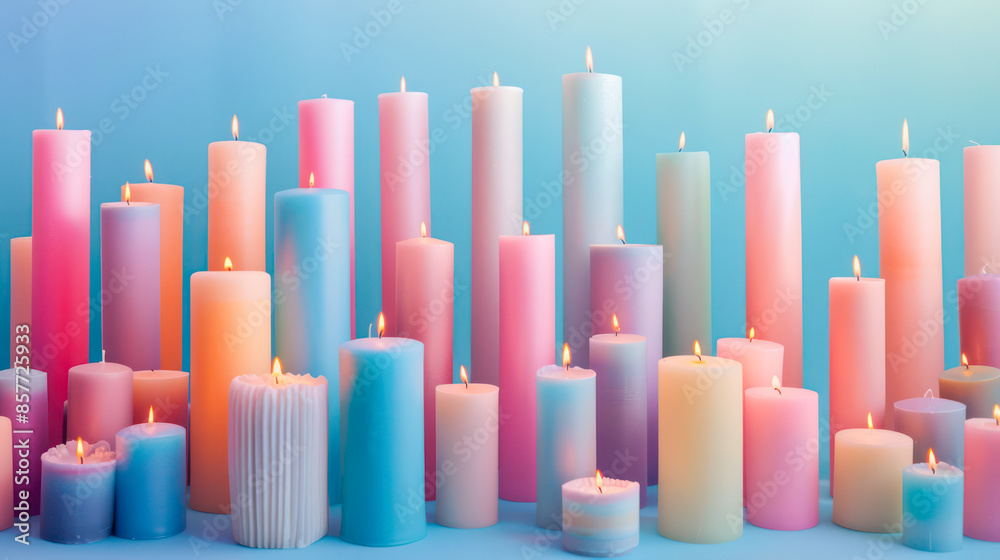 A simple yet vibrant image showcasing a neat row of pastel-colored candles against a blue background.Generative AI A simple yet vibrant image showcasing a neat row of pastel-colored candles against a blue background.Generative AI