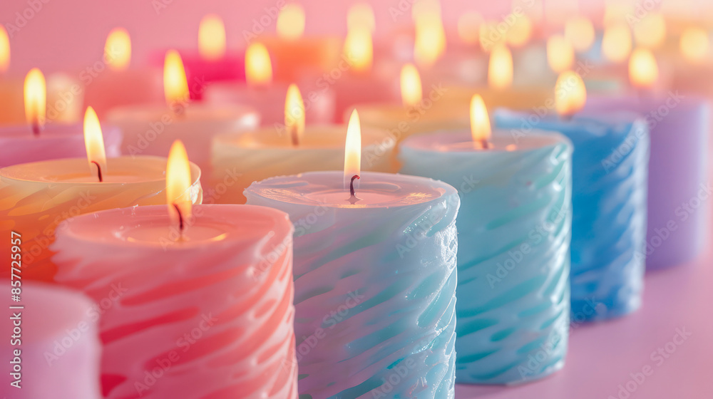 A simple yet vibrant image showcasing a neat row of pastel-colored candles against a blue background.Generative AI A simple yet vibrant image showcasing a neat row of pastel-colored candles against a blue background.Generative AI